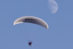 Aerial Photography Paraglider Pilot Flying Paramotor Against Blue Sky With Moon Andrew Holt Aerial Photography Photograph